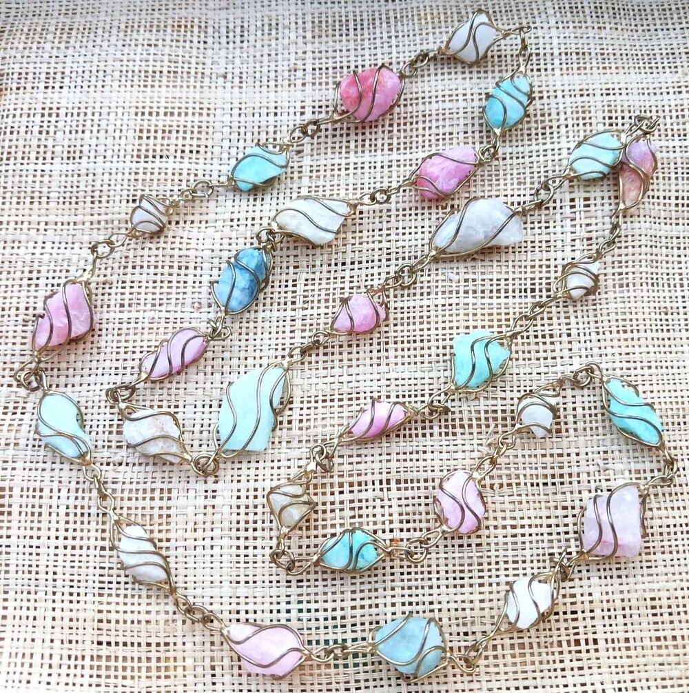 VTG Unique Gold Tone Wire Caged Multicolor Gemstone 30" Necklace Women's Jewelry